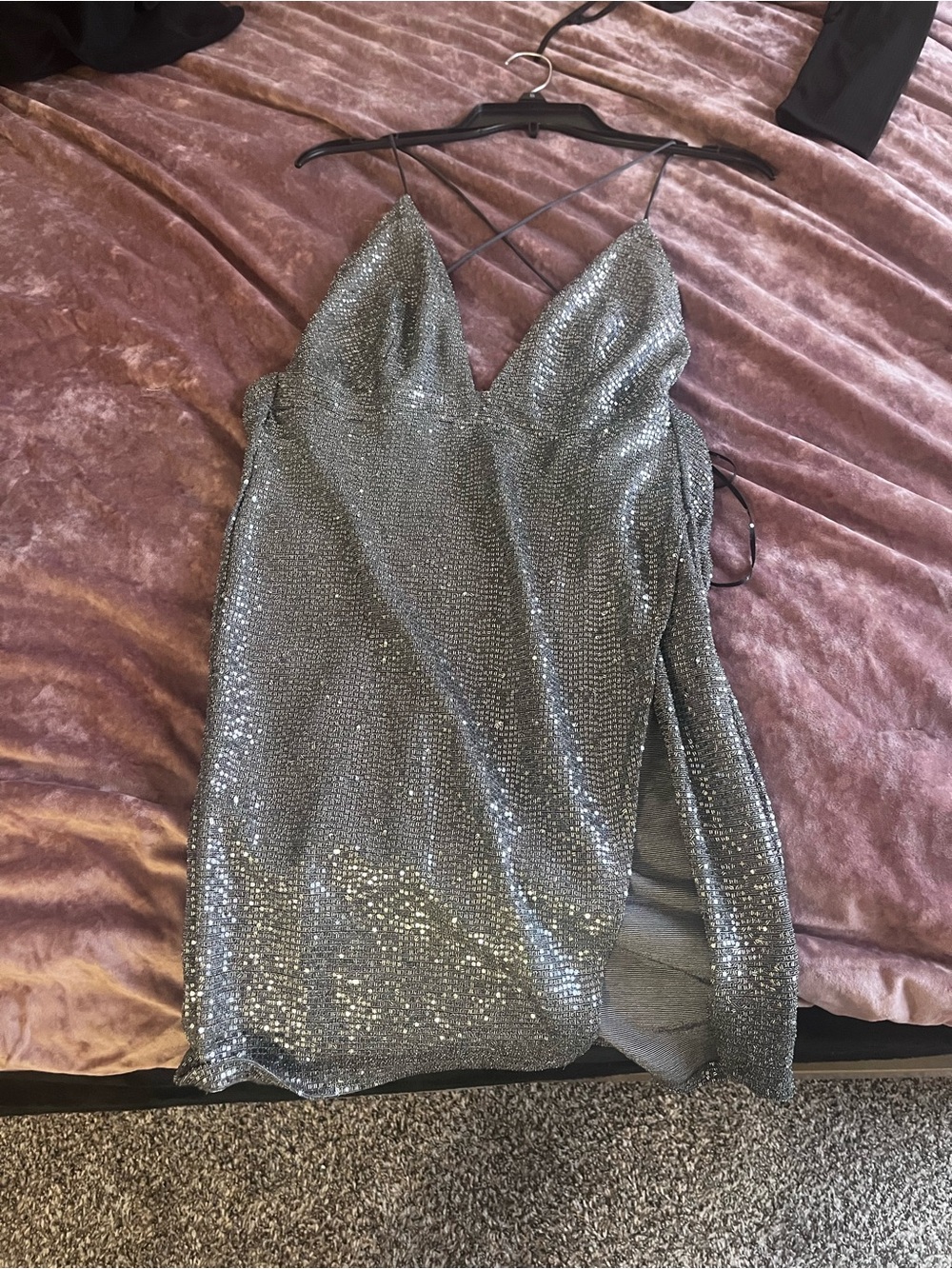 Silver Sequin Slip Dress with Spaghetti Straps